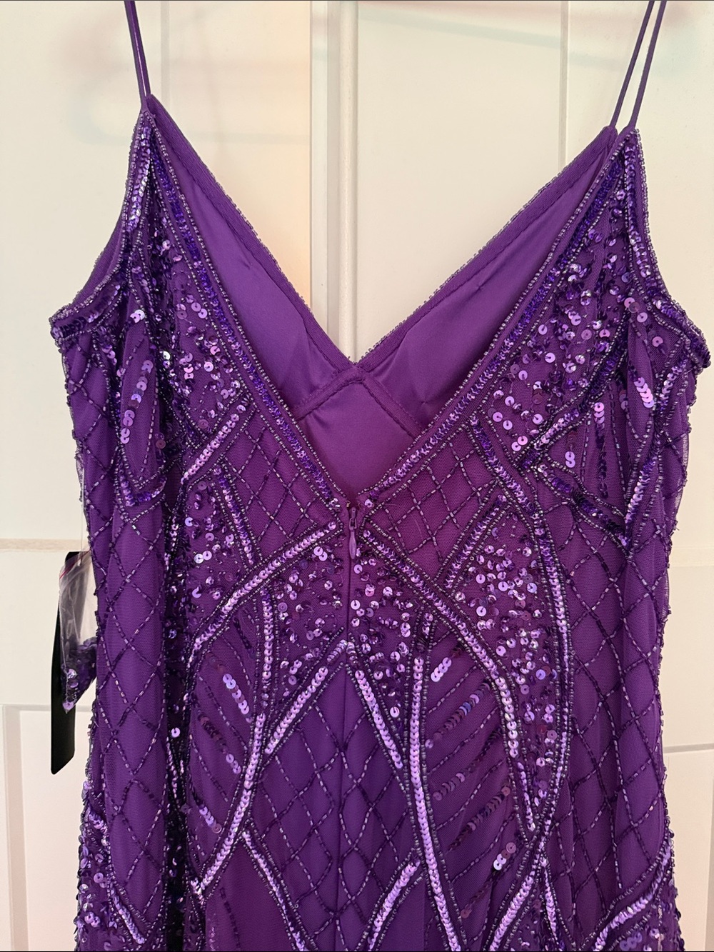 bebe Purple Beaded Spaghetti Strap Prom Gown - Picture 9 of 11